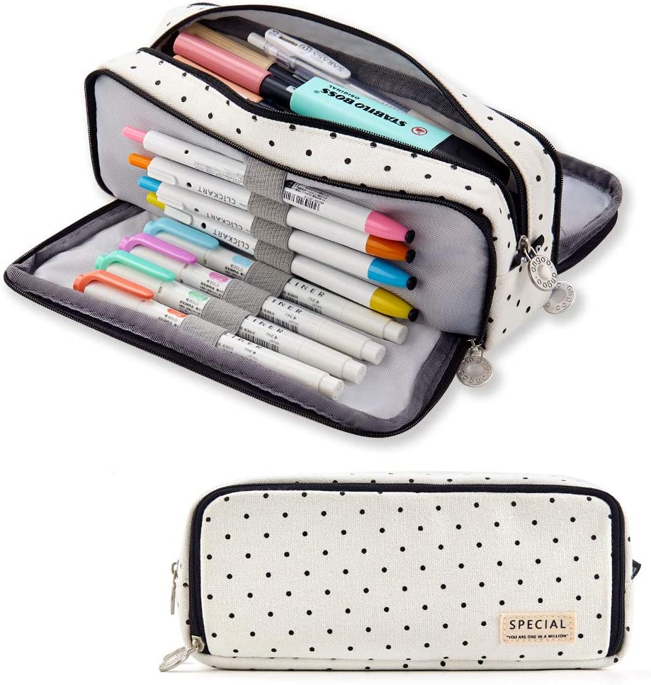 Large Pencil Case Big Capacity 3 Compartments Canvas Pencil Pouch for Teen Boys Girls School Students (Pink Strip Black Grid)