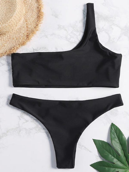 One Shoulder Plain Bikini Swimsuit
