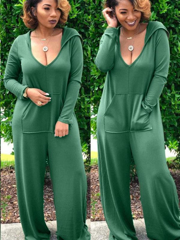Loose Solid Pocket Hoodie Wide Leg Jumpsuits