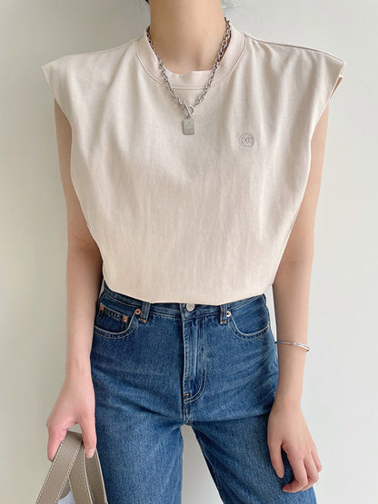 Simple Solid Color Round-Neck Cap-Sleeve Vest T-Shirt Tops