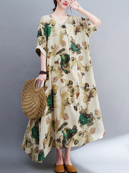 Artistic Retro Loose Floral Printed Ramie Cotton Midi Dress