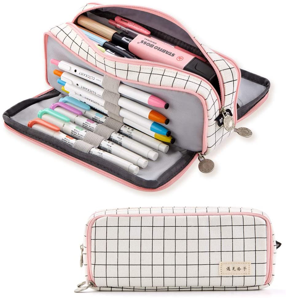 Large Pencil Case Big Capacity 3 Compartments Canvas Pencil Pouch for Teen Boys Girls School Students (Pink Strip Black Grid)