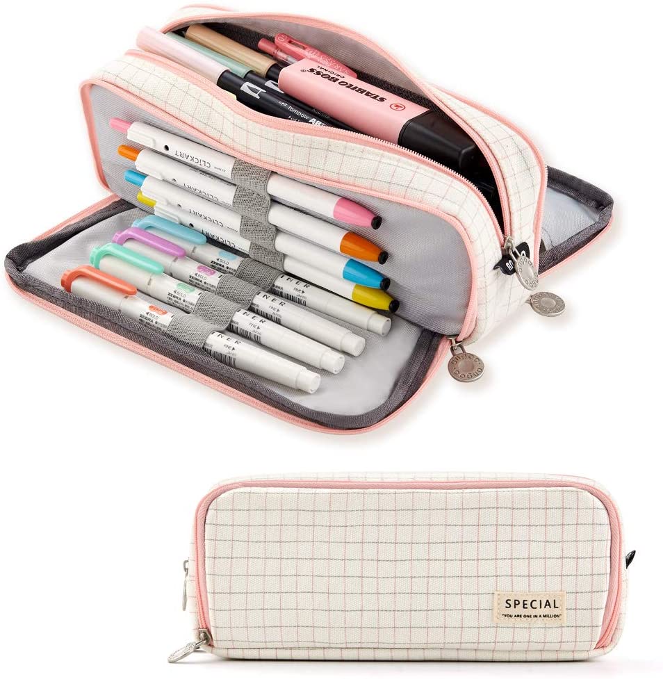 Large Pencil Case Big Capacity 3 Compartments Canvas Pencil Pouch for Teen Boys Girls School Students (Pink Strip Black Grid)
