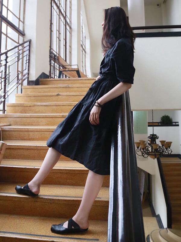 Ramie Cotton  Black Loose V-neck Batwing Sleeves Linen Dress