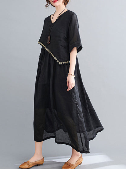 Artistic Retro Solid Color Split-Joint Pleated Tied Embroidered Half Sleeves V-Neck Midi Dress