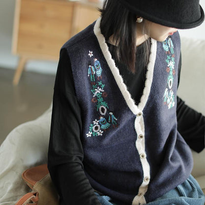 Buykud Wavy Edge Embroidery Cardigan Retro Waistcoat