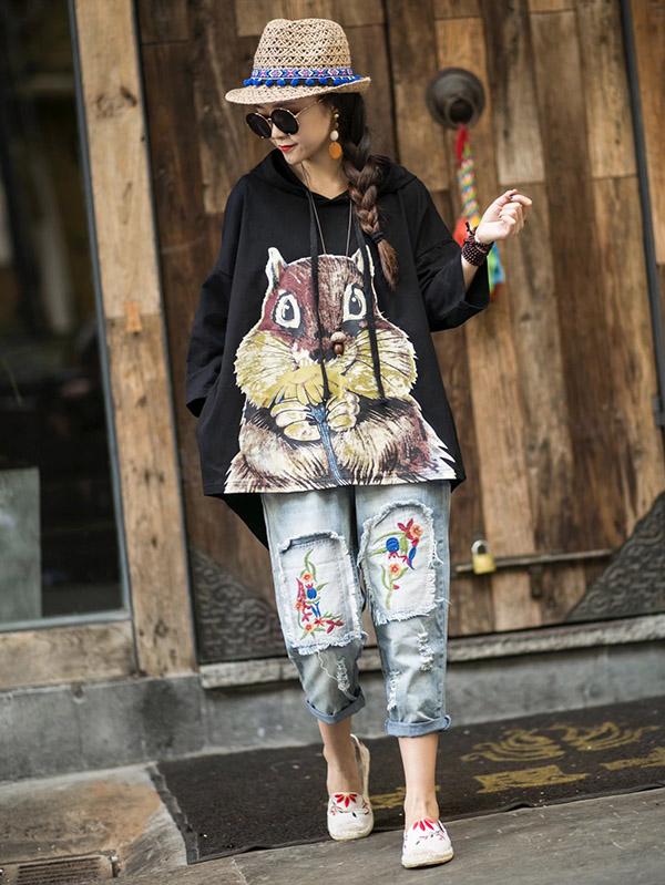 Loose Vintage Squirrel Print Hoodies