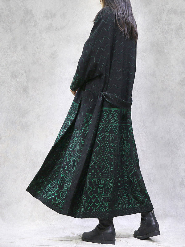 Artistic Retro Loose National Printed Tied Lapel Collar Raglan Sleeves Outwear