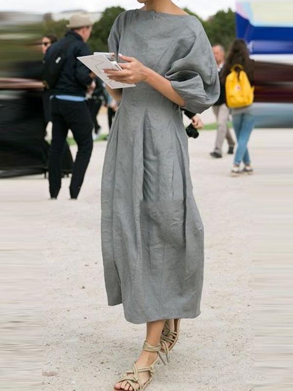 Ramie Cotton Lantern Sleeve Maxi Dress