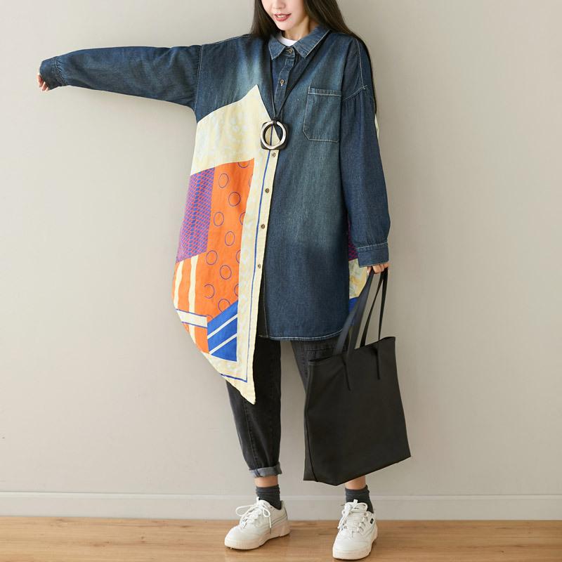 Buykud Personalized Patchwork Asymmetric Loose Denim Shirt