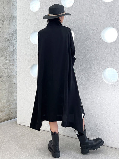 Stylish Irregular Polka-Dot Spit-Joint Buttoned Lapel Collar Long Sleeves A-Line Midi Shirt Dress