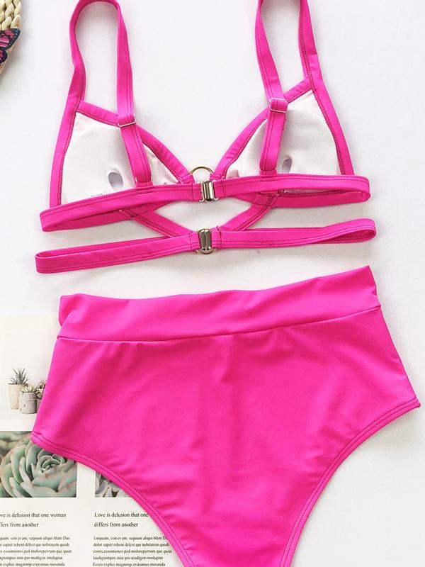 Solid Color Bandage Backless Split Bikini Swimsuit