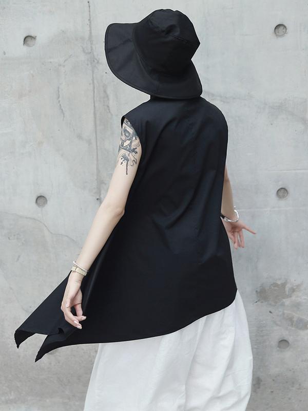 Black Cropped Stand Collar Sleeveless Blouse