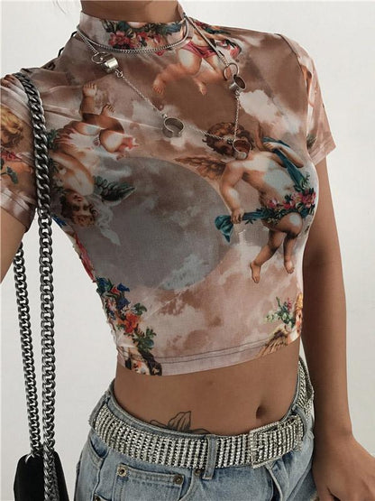 Sports Short Sleeves Printed Gauze T-shirt