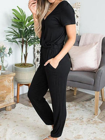 V-neck Bandage Solid Bohemia Jumpsuits