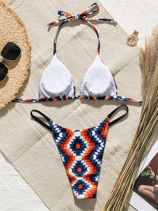 Spaghetti-Neck Bandage Printing Split Type Bikini Swimsuit