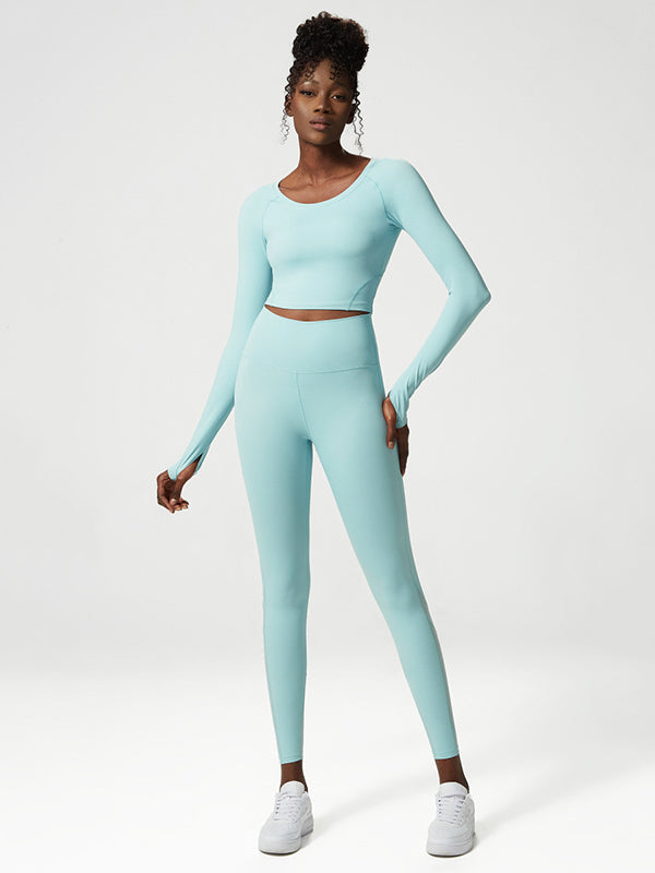 Solid Color U-Neck Long Sleeves Tees&Leggings Suits