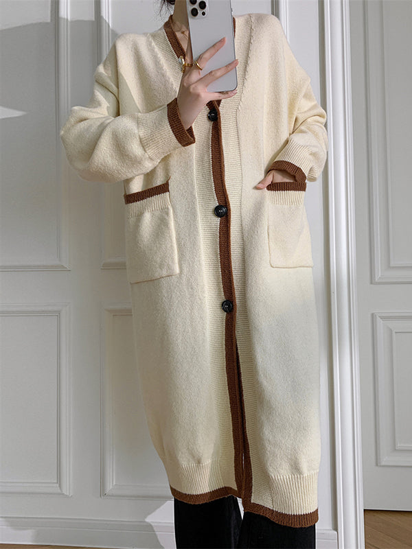 Stylish Loose Long Sleeves Split-Joint V-Neck With Pockets Cardigan Tops