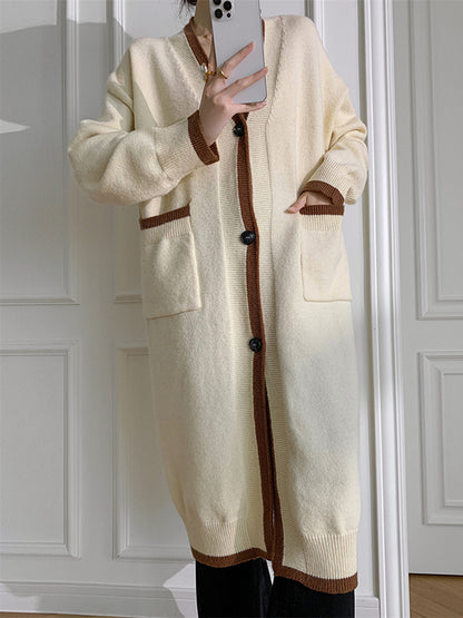 Stylish Loose Long Sleeves Split-Joint V-Neck With Pockets Cardigan Tops