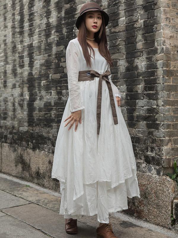 Cotton Solid Split-joint Ramie Cotton Big Hemline Long Dress