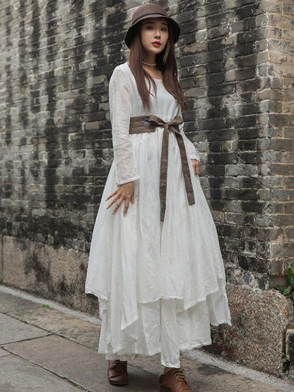 Cotton Solid Split-joint Ramie Cotton Big Hemline Long Dress