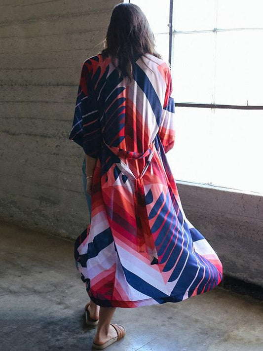 Printed Short Sleeves Belt Cover-Ups Swimwear