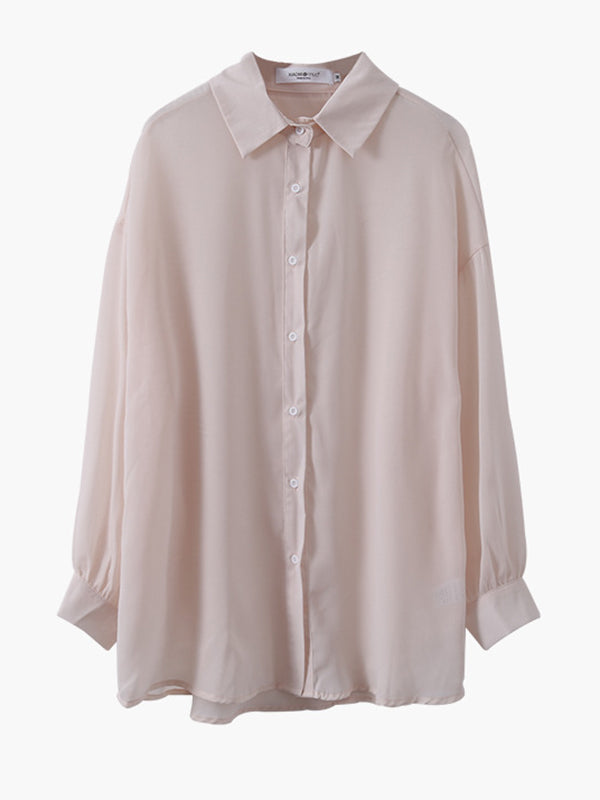 Simple Buttoned Lapel Sun Protection Long Sleeves Blouse Tops