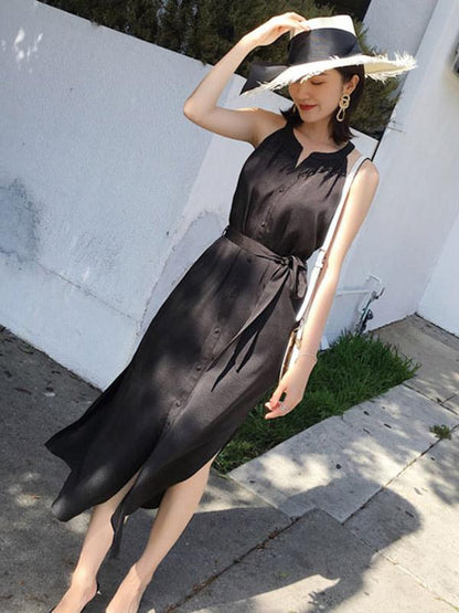 Solid V-neck Sleeveless Dress