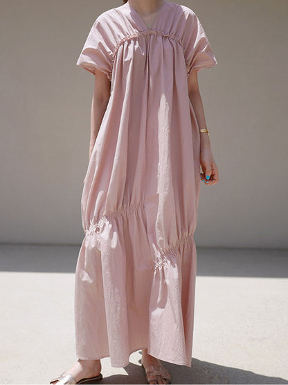 Casual Solid Color Falbala Pleated V-Neck Short Sleeves Maxi Dress