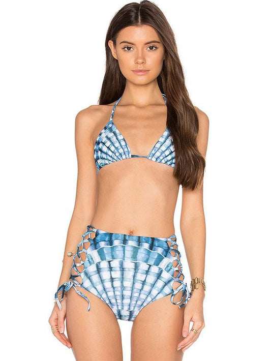 Shell Print High Waisted Lattice Bikini Swimsuit
