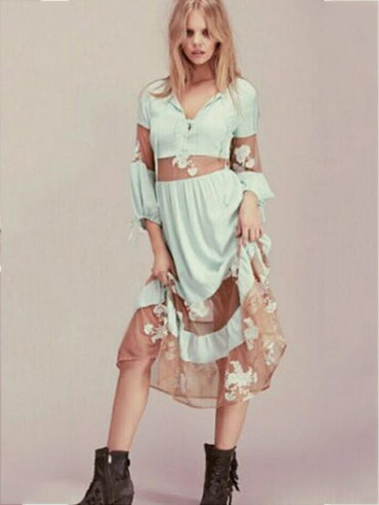Veil Solit-joint Puff Sleeves Maxi Dress