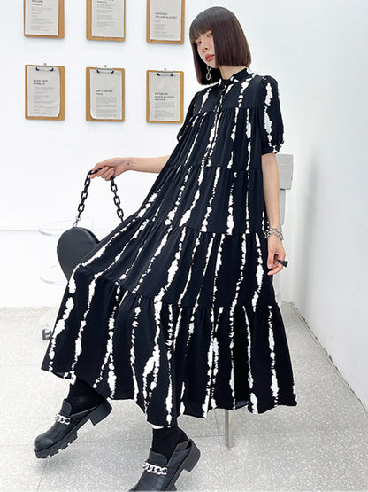 Vintage A-Line Printed Black Midi Dress