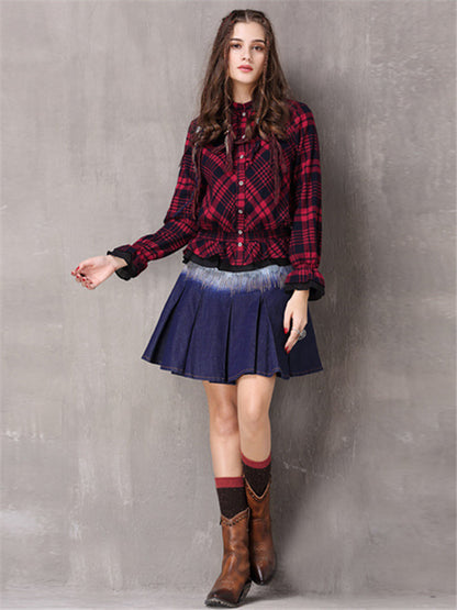 Boho New Cotton Blusas Stand Collar Single Breasted Ruffles Hem Shirt