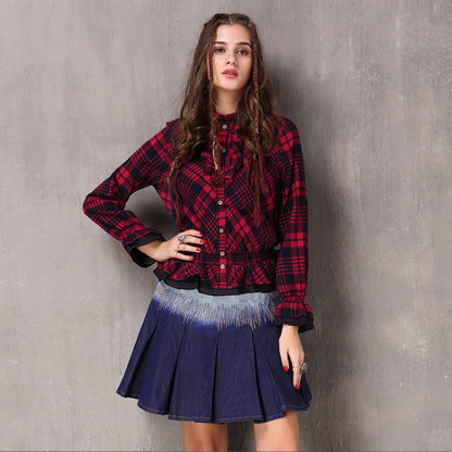 Boho New Cotton Blusas Stand Collar Single Breasted Ruffles Hem Shirt
