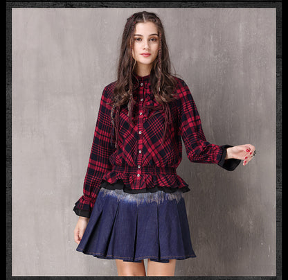 Boho New Cotton Blusas Stand Collar Single Breasted Ruffles Hem Shirt