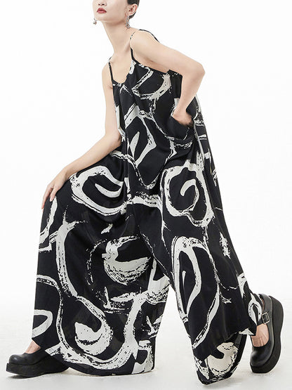 Stylish Loose Black Printed Spaghetti-Neck Wide Leg Jumpsuits