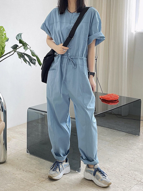 Urban Drawstring Elastic High Waisted Short Sleeves Wide Leg Jumpsuits