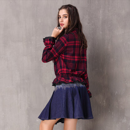 Boho New Cotton Blusas Stand Collar Single Breasted Ruffles Hem Shirt