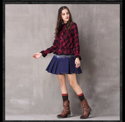 Boho New Cotton Blusas Stand Collar Single Breasted Ruffles Hem Shirt