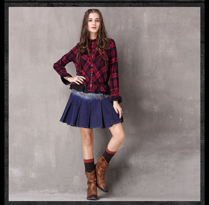 Boho New Cotton Blusas Stand Collar Single Breasted Ruffles Hem Shirt