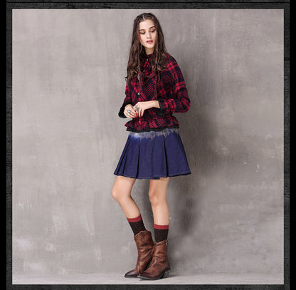 Boho New Cotton Blusas Stand Collar Single Breasted Ruffles Hem Shirt