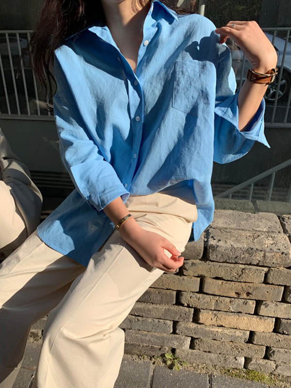 Urban Ramie Cotton Solid Color Lapel Long Sleeves Blouse