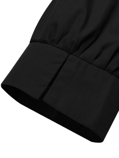 Original Solid Color Split-Joint Pleated Buttoned Stand Collar Half Puff Sleeves Midi Dress
