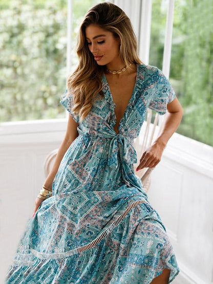 Hollow Printed Bow- Bohemia Maxi Dress