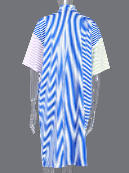 Original Striped Cartoon Portrait Printed Buttoned Lapel Collar Half Sleeves Midi Shirt Dress