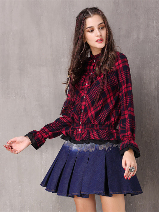 Boho New Cotton Blusas Stand Collar Single Breasted Ruffles Hem Shirt