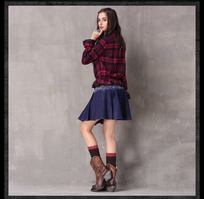 Boho New Cotton Blusas Stand Collar Single Breasted Ruffles Hem Shirt