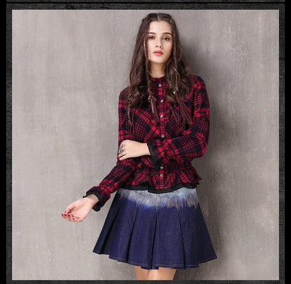 Boho New Cotton Blusas Stand Collar Single Breasted Ruffles Hem Shirt