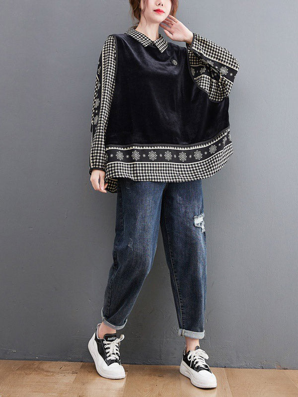 Casual Loose Plaid Floral Printed Lapel Collar Long Sleeves False Two Blouse