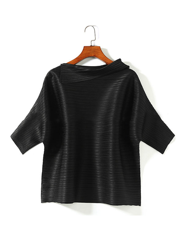 Original Pleated Solid Color Lapel Collar T-Shirt Top